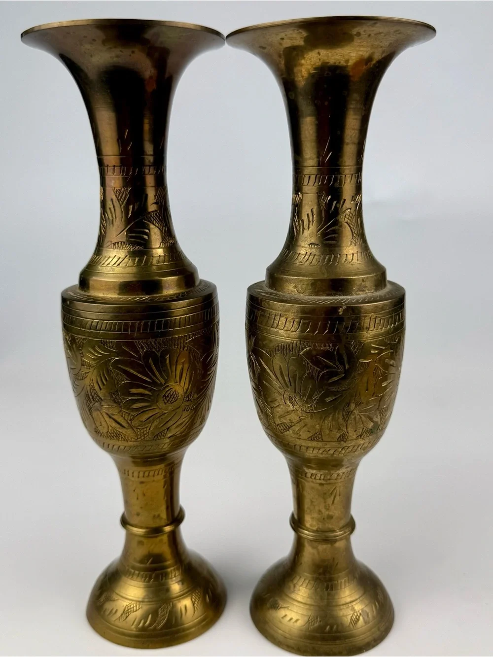 Vtg MCM Solid Brass India Bud Vases Etched Floral Engraved Design 10 Inches